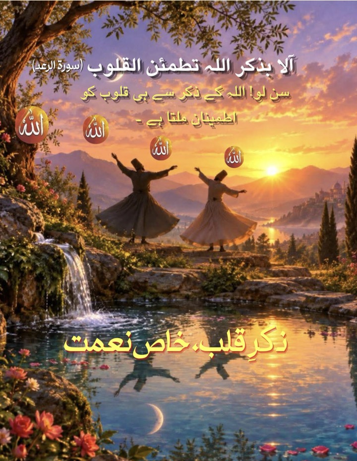Zikr-e-Qalb — Khaas Nemat, booklet cover: two whirling dervishes at sunset beside a lake